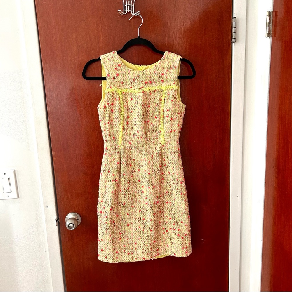 J Crew Collection Neon Yellow Boucle Tweed Fringe Mini Sheath Dress